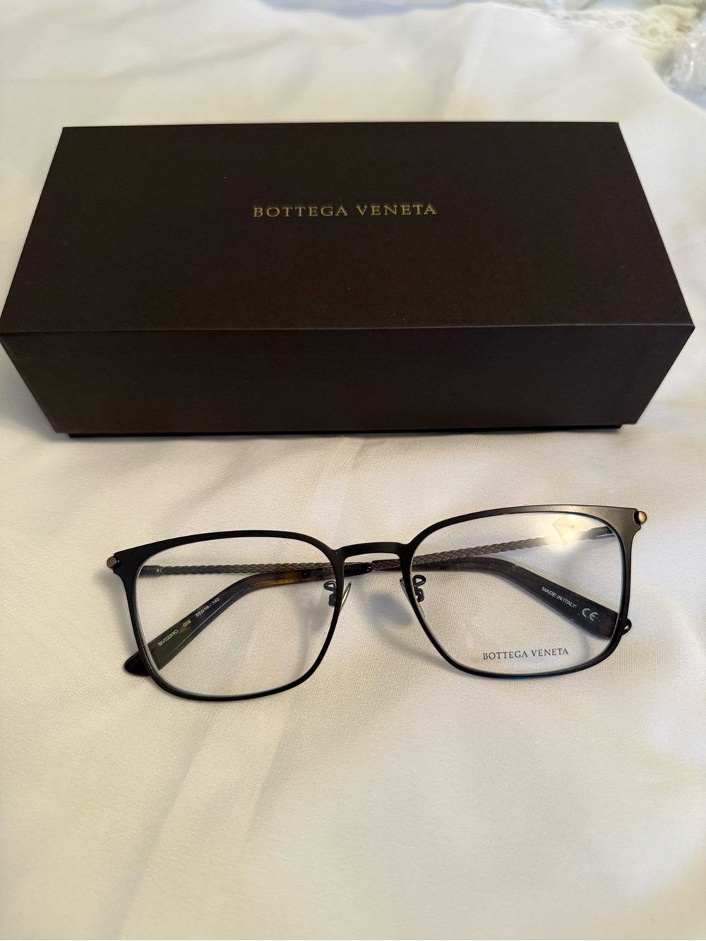 Bottega Veneta Men’s Black Metal Rectangular Optical Glasses